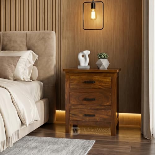 Image of DRIFTINGWOOD Roovi Solid Sheesham Wood Bedside Table with 3 Drawers | Wooden Nightstand & Side Table for Bedroom (Walnut Finish)