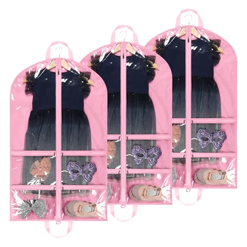LOVEGRASS Kids Garment Bags for Dance with 4 Zipper Pockets, 3 Pack, Pink
