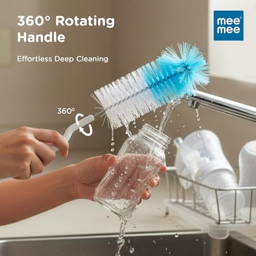 Image of Mee Mee Nylon Bottle Brush with Nipple Cleaner | 360 Rotating Handle | High-Density Soft Bristles | BPA-Free Scratch-Free Cleaning Tool | Non-Toxic, Easy Grip, Dishwasher Safe (Dark Blue)