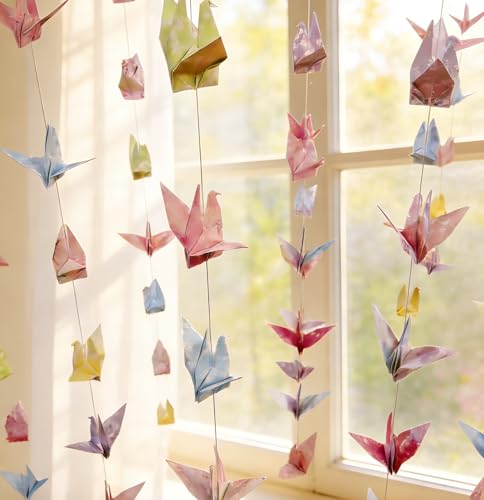 Image of Pink Cherry Blossom Crane Paper Hanging Garland(3stringsX 5.2ft), Japanese Origami Bird Streamers, Sakura Flower for Bridal Shower, Baby Shower Birthday Party Supplies. Garden Ceiling Decor