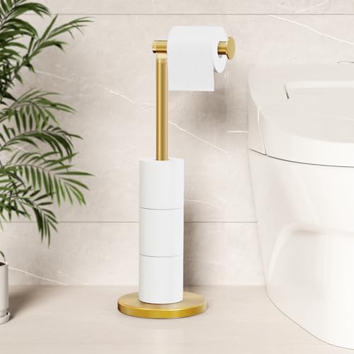 Cesun Toilet Paper Holder Stand Free Standing, Gold Toilet Paper Storage with Heavy Weighted Base, Bathroom Stainless Steel Toilet Paper Roll Holder, Non-Slip, Gold