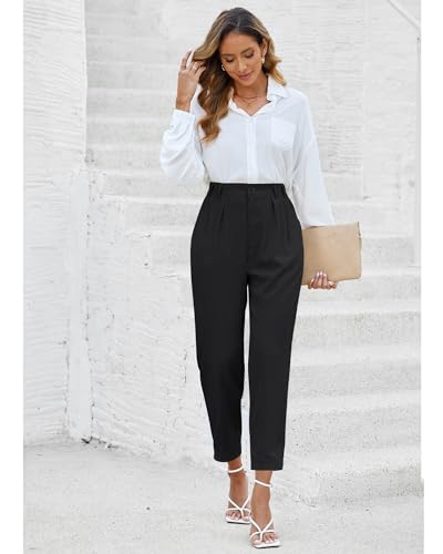 GRAPENT Capri Dress Pants for Women High Waisted Pleated Lightweight Straight Leg Elastic Wasit Crop Trousers Work Pants4