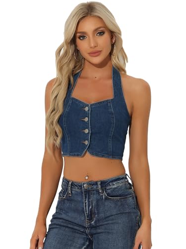 Allegra K Damen Denim Crop Top Ärmelloses Neckholder Jeans Tanktop mit Knopfleiste Vorne Dunkelblau M
