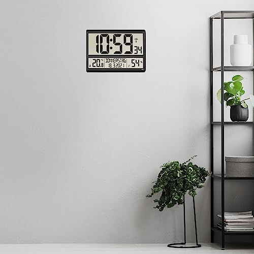 TFA Dostmann XL 60.4520.01 Digital Wall Temperature and Humidity Day of The Week (8 Languages) Radio Controlled Clock Easy to Read Large Black, (L) 360 x (B) 235 x (H) 28 (84) mm