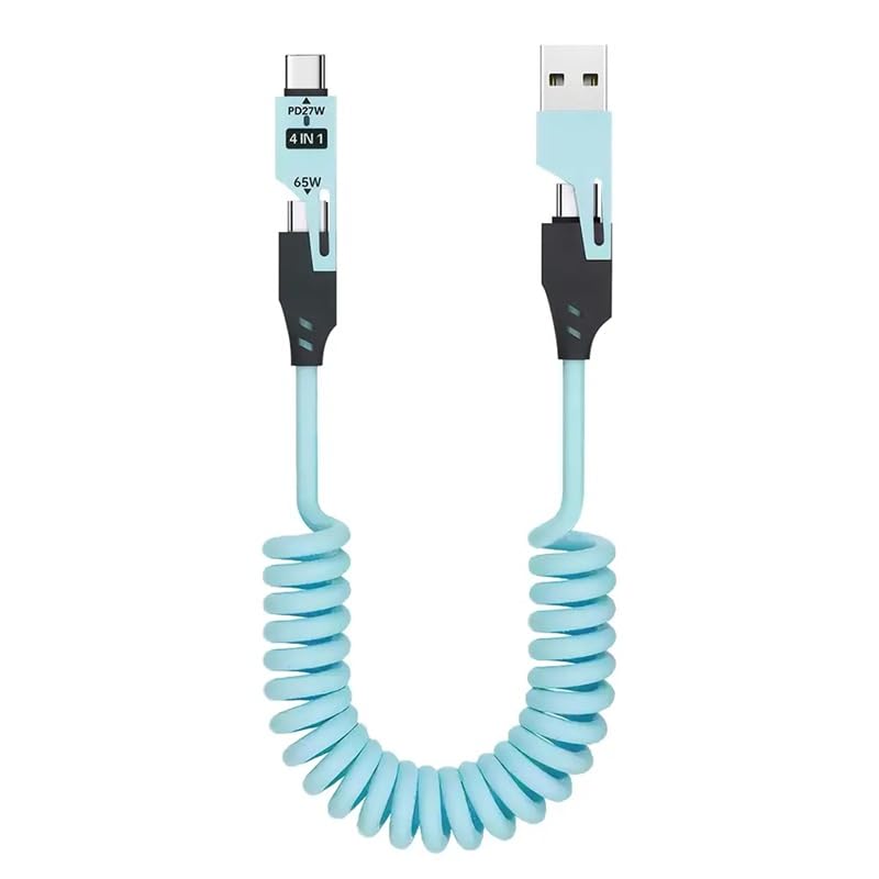 Image of 4-in-1 Fast Charging Cable 65W - USB & Type-C to Type-C /I Multi-Device Spring Coiled Charging Cable - Universal High-Speed Data Cable for iPhone, Android, iPad, Laptop & More