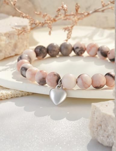 HGDEER 100% Natural Stone Adjustable Bracelets, Pink Zebra Jasper Heart Charm Jewelry, Trendy Birthday Teen Girl Gift Ideas with Quote Card & Gift Pouch4