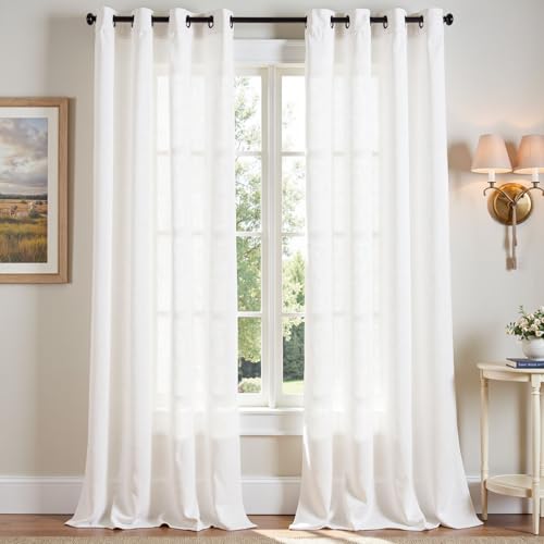 jinchan White Linen Curtains 108 Inches Long for Living Room Extra Long Grommet Curtains Neutral Farmhouse Light Filtering Semi Sheer Linen Drapes Ceiling to Floor for Large Window 9 FT 2 Panels