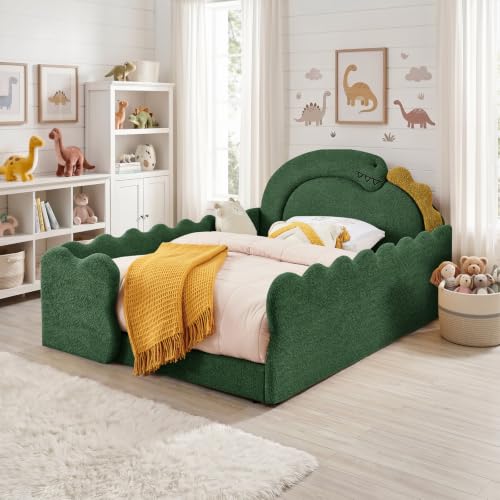 Image of Full Bed Frame for Kids, Floor Platform Bed Dinosaur, Green