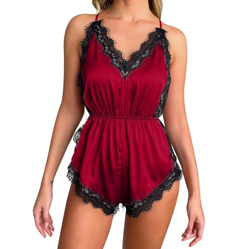Lencería de gran tamaño Camisas de noche sexy para mujer, mameluco de satén con borde de encaje, estampado floral, escote en V profundo, corte alto, ropa de dormir de seda, rojo, S