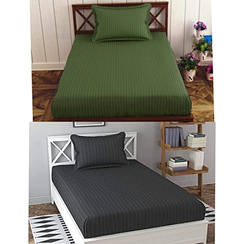 Image of Prime Collection 295 TC Combo Pack of 2 Single Sized (90x60) Satin Striped Bedsheet with 2 Pillow Cover Long Lasting Single Bedsheet for Hotel, Hospital and Home Use