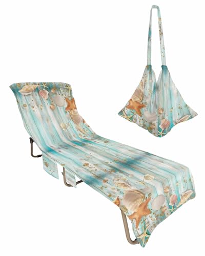 Aqua Shell Beach Chair Towel Covers for Chaise Lounge With Side Pocket, Soft Plush Pool Towels Cover for Patio Sunbathing Outdoor 29''x85'' Coastal Starfish Summer Ocean Sea Woodengrain