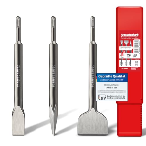 SCHWABENBACH ® SDS PLUS Meißel Set - 3tlg. 25mm + 50mm + Spitzmeißel - EXTREM ROBUST- Meissel kompatibel mit Bosch Hilti Bohrhammer - Premium Fliesenmeissel Set (kein SDS MAX)