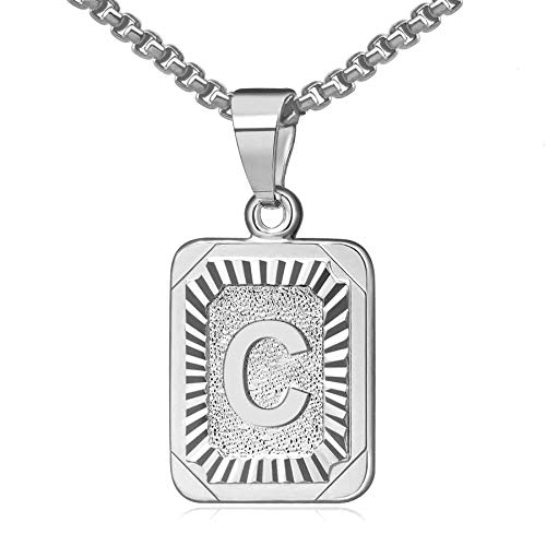 JewelryWe Collar con letras de la A a la Z de acero inoxidable, colgante rectangular y cadena de trigo, dorado y plateado, regalo para hombres y mujeres, acero inoxidable