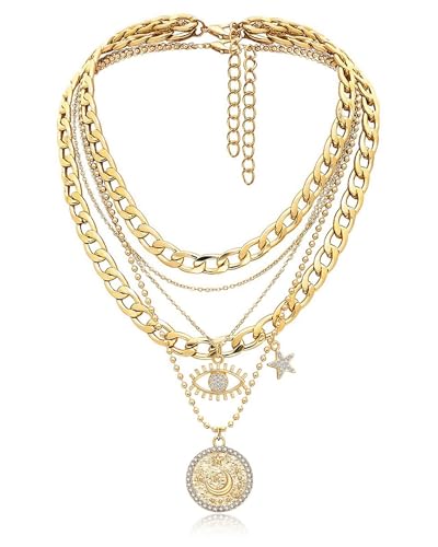 MJartoria Gold Layered Necklaces for Women Trendy Retro Coin and Evil Eye Pendant Necklace Dainty Chunky Chain Choker Necklaces for Jewelry Birthday Gifts