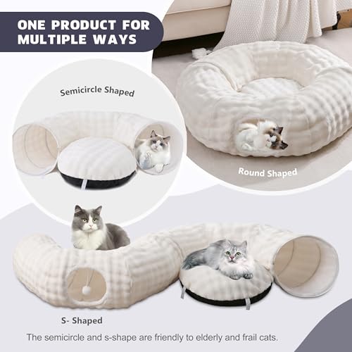 Image of Bubble Cat Tunnel for Indoor Cats, Round Peekaboo Cave Toy with Dangling Balls, Donut Tunnel Bed with Circle Mat for Puppy Kitten Rabbit, Cream White