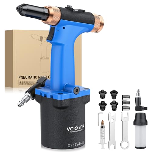 VORXEON Remachadora Neumática con 4 Boquillas 2.4/3.2/4/4.8mm 1000KGF 360° Boquilla de Aire, Pistola de Remachadora Hidraulica para Automóviles Coche Garaje Barco
