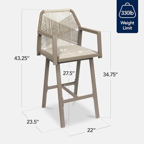Best Choice Products Outdoor Bar Stools Set of 2, Bar Height, 360° Swivel Aluminum Frame, All-Weather Woven Rope Chair Design w/Armrests - Taupe/Sandstorm - Image 3