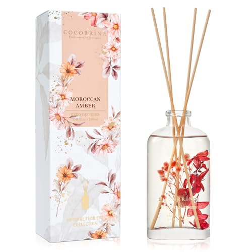 COCORRINA Reed Diffuser Moroccan Amber 541 oz Flower Reed Diffuser Set with Sticks Bedroom Bathroom Shelf Decor Scented Blooms Collection