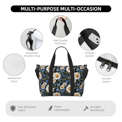 Blue and White Daisies Print Travel Duffle Bags for Women, Personal Item Overnight Weekender Sport Carry On Gym Bag for Men Women3