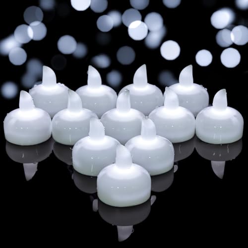 Yakpo Lot de 12 bougies chauffe-plat LED flottantes à piles, sans flamme, étanches, pour fête de mariage, baignoire, piscine, spa - Blanc froid