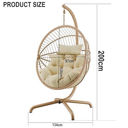 Blisswood Rattan Swing Egg Chair Garden Patio Indoor Outdoor Hanging Egg Chair With Cushion & Stand Indoor & Outdoor Egg Chair Upto 150kg Weight Capacity (Beige)