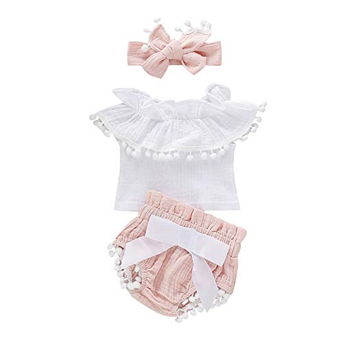 Roupa blusa sem manga + shorts + faixa de cabeça borlas algodão conjunto de roupas e meninas 0-3 mes