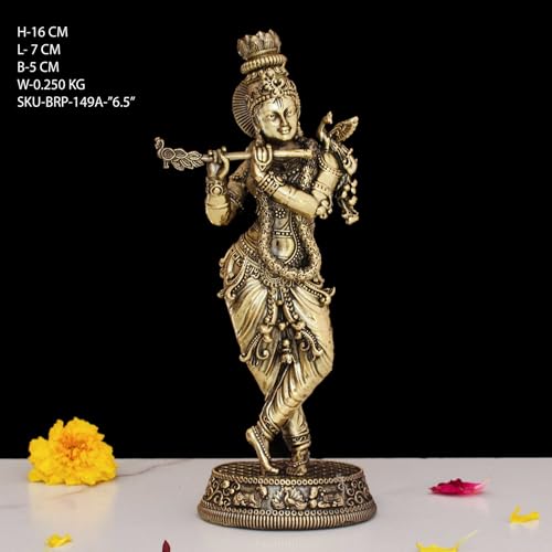 Image of INDICAST Brass 6.5 inch Lord Krishna Statue | Handcrafted Standing Krishna Murti Hindu God Idol Figurine Perfect for Decoration Puja & Gifting Purpose Sculpture (Weight- 240gm)