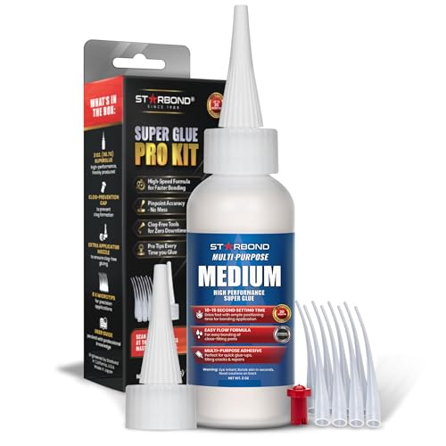 Starbond Medium Super Glue Pro Kit (2 oz) – Strong, Fast, All-Purpose CA Glue (Cyanoacrylate Adhesive) – with Anti-Clog Cap, Precision Tips & Extra Nozzles for Woodworking, Quick Fixes & Hobby Models