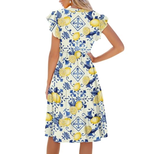 Image of Womens Summer Dress Ruffle Sleeve V Neck Dress Casual Fit Flowy Beach Vacation Sundress with Pocket S-2XL