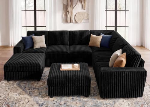 Image of HONBAY Corduroy Sectional Sofa with Ottoman, 8 Seats U Shaped Couch, Black