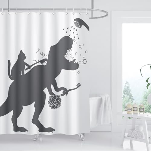Image of Cat Dinosaur Shower Curtain Funny Cat Help Dino Bathe for Kids Boys Trex Silhouette Shadow Black White Bathroom Waterproof Polyester Fabric 60Wx72L Inch with Hooks