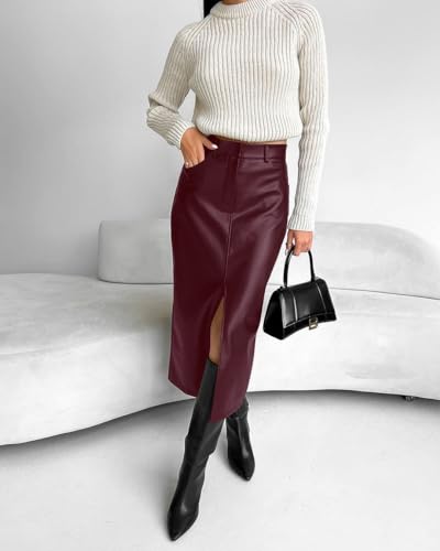 Wuitrie Leather Skirt Women 2025 Trendy PU Leather Long Skirt High Waist Zip Slim Split Pencil Midi Skirts2