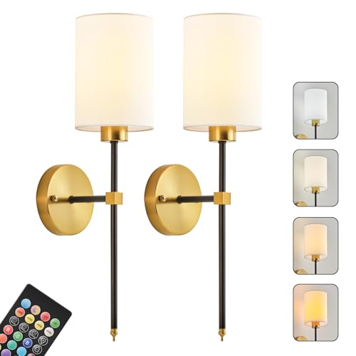 Image of Battery Operated Wall Sconce Set of Two, Wireless Rechargeable Wall Light With Remote Control, Dimmable, 4 Color Temperatures, RGB, Timer, for Living Room,Bedroom,Entryway, Black Gold, 20.6 Inch