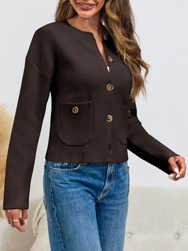 Image of Saodimallsu Womens Cropped Knit Cardigans Fall Crewneck Button Long Sleeve Open Front Soft Sweater Jackets