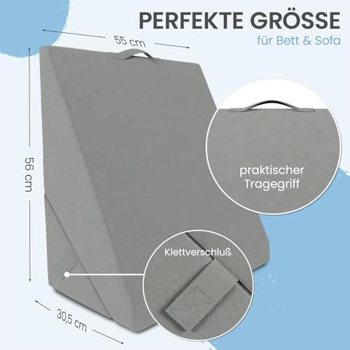 ELONEO Multifunktionales Keilkissen, Rückenkissen, Kniestütze, Beinstütze, Venenkissen für Couch und Sofa, Lesekissen, Größe W55 x H56 x L30. 5 cm, Grau