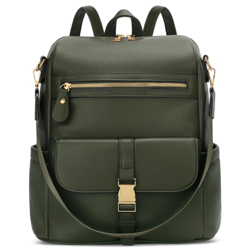 Image of KKXIU Backpack Purse for Women - PU Leather Ladies Backpack for Daily with Anti-Theft Lock Pocket, Small Daypack with Luggage Strap & Water Bottle Pockets (Green)