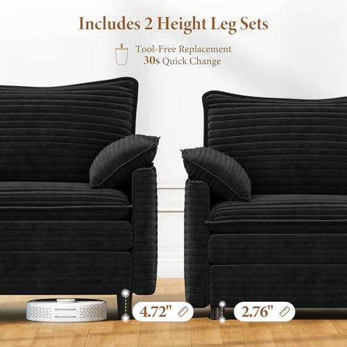 Image of Vesgantti 142 inch U Shaped Sectional Couch, Comfy Cloud Modular Sectional Sofa with 2 Ottoman Deep Seat Corduroy Modern Cloud Sofa, Modular Sofas for Living Room, Bedroom and Apartment, Black