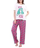 DiaryLook Schlafanzug Damen ,Sommer 2 teilig Set Pyjama Damen Schlafanzug Kurz und Lang Hose Pyjama Set Lila Dinosaurier S