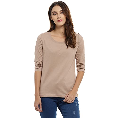 Image of PINACOLADA Women's Solid Beige Crew Neck Long Sleeve Regular Fit Top for Casual Wear | Structured Top Crafted with Comfort Fit and High-Performance for Everyday Wear