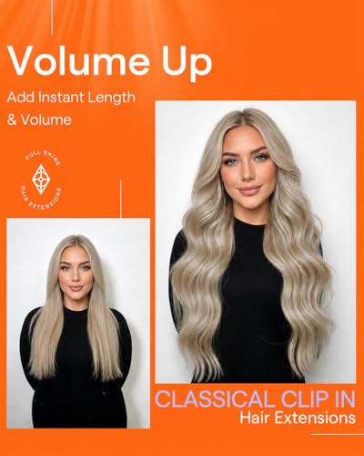 Image of Full Shine Clip in Hair Extensions Blonde Highlights | Real Hair Extensions Clip in Human Hair, Color 16P22 Golden Blonde Highlighted, Straight, Full Head, 7 Pcs 22 Inch 120g