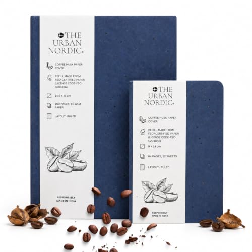 Image of Coffee Husk Paper Notebook Set of 2 - A5 Hardbound Journal 160 Ruled Pages + A6 Pocket Notebook 64 Ruled Pages, FSC Certified Recycled Paper, Eco Friendly Diary Set for Work, Study & Gifting
