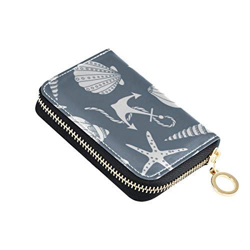 MOYYO RFID Credit Card Holder Case Marine Seashell Anchor Leather Printed Zipper Card Case Wallet for Women Girls