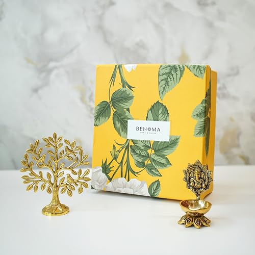 Image of BEHOMA 100% Pure Brass Spiritual Gift Set of Ganesh Diya for Pooja & Kalpavriksh Tree of Life Showpiece for homr decor | Vastu Fengshui Decor Items for Good Luck | House Warming & Wedding Gift
