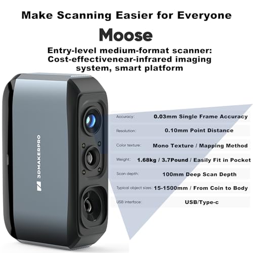 3dmakerpro moose handheld 3d scanner for 3d printing blue light amp ai visual tracking anti-shake lenses 24-bit color camera with 003mm high accuracy 01mm resolution compatible with windowsmacos