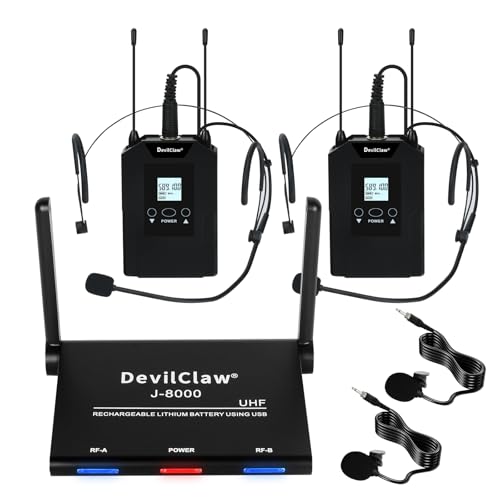Devilclaw Wireless Microphone System, Dual Wireless Lavalier & Headset Microphones, 2x10 UHF Frequencies, 262ft Range, Microphone for Singing, Karaoke, Church (2 Bodypack)