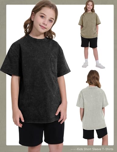 Image of COZYPOIN Unisex Kids Vintage Acid Wash Cotton Tees Crew Neck 3-16Y