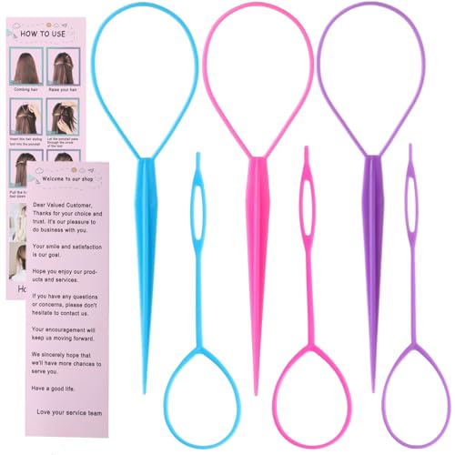 Schembo Topsy Tail Hair Tool Set - 6pcs Loop Styling Tool, Ponytail Pull Through, Two Sizes, 3 Colors (Pink/Purple/Blue) for Women, Girls & Kids