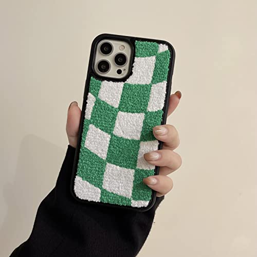 Tewwsdi Green Checkered Phone Case Compatible With Iphone 14 6.1Inch 2022 Release Checkerboard Chessboard Slim Soft Tpu Bumper +Terry Velvet Fluffy Warm Material Protective Cover(Green Checkers) #TOP6
