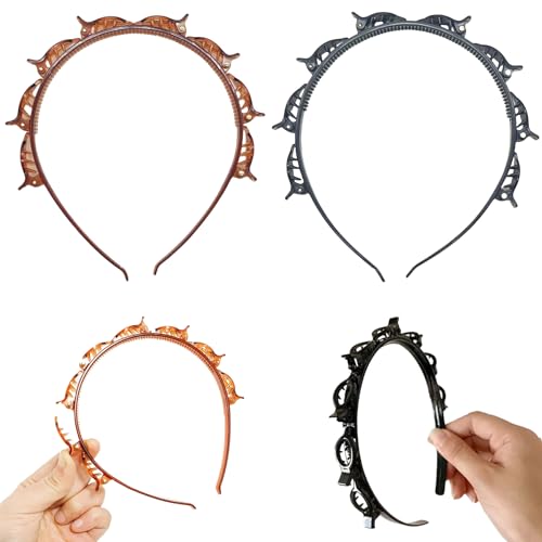 KlayXira 2 Pack Braided Hairstyle Headband with Clips Double Layer Hairband for Twisty Bangs Non-Slip Hair Styling Accessories for Women Black and Brown