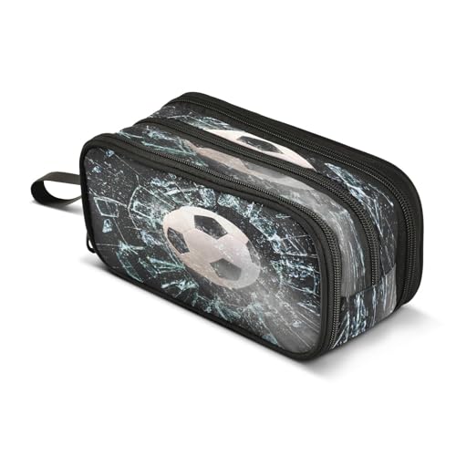 Image of Soccer Ball Through Glass Large Pencil Case 3 Compartment Pen Bag Pouch Holder Box for College School Portable Stationery Storage Bag for Girls Boys
